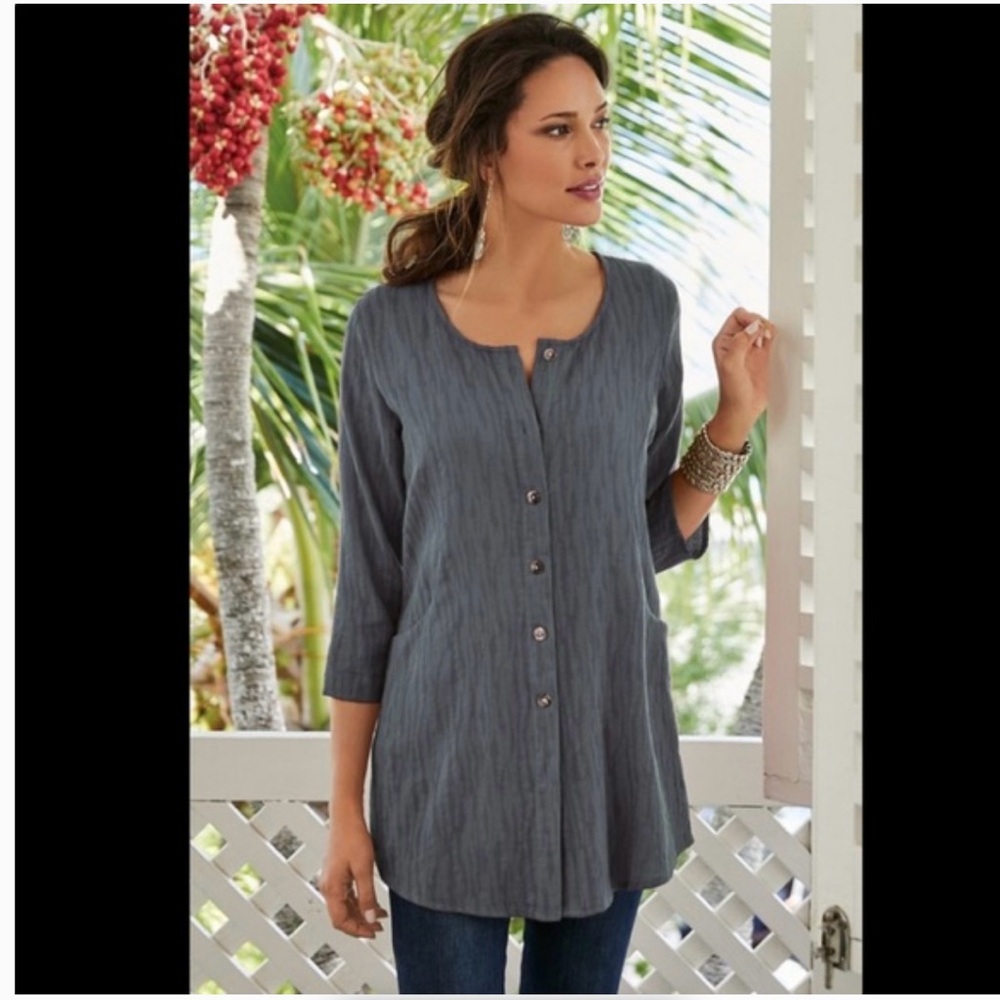Soft Surroundings Gray Cotton Rayon Button Front Tunic Top